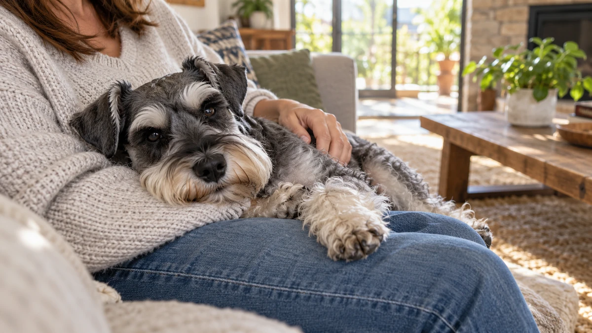 Schnauzer köpek — sahibinin kucağında