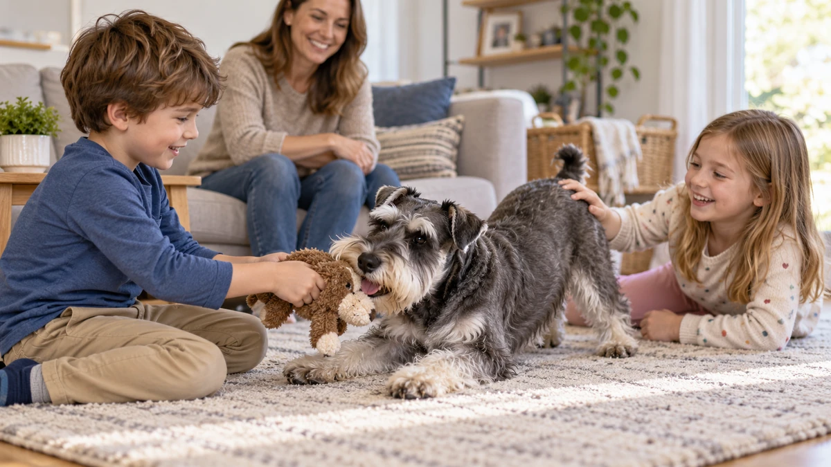 Schnauzer köpek — çocuklarla oyun