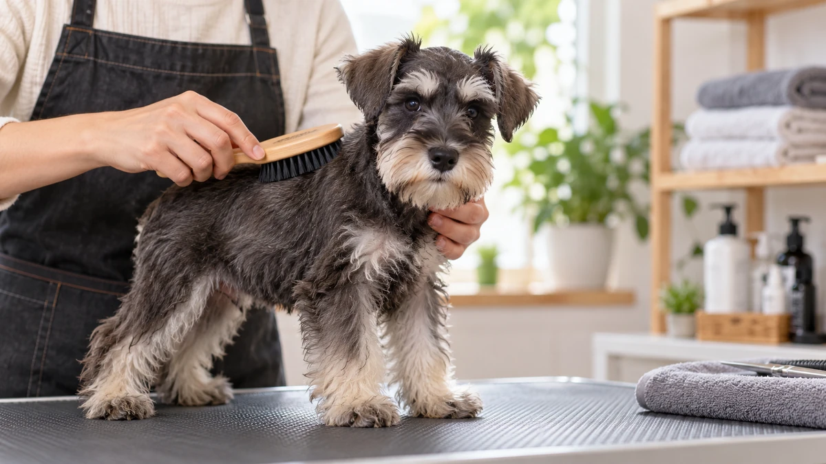 Schnauzer yavru köpek — tüy bakımı ve fırçalama